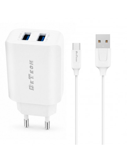 Мрежово зарядно устройство DeTech DE-58C, 5V/2.4A, 220V, 2 x USB, с Type-C кабел, 1.0m, Бял - 40539