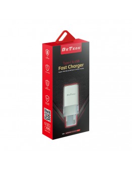 Мрежово зарядно устройство DeTech DE-60, 20W, 1 x Type-C F, 1 x USB F, PD, QC, Бял - 40543