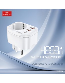 Универсален преходник - зарядно Earldom ES-SC18, 2xUSB, 1xType-C, Шуко, Бял - 40524