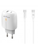 Мрежово зарядно устройство DeTech DE-31PDC, 20W, С PD Type-C кабел, 1 x Type-C F, 1 x USB F, PD, QC, Бял - 40322