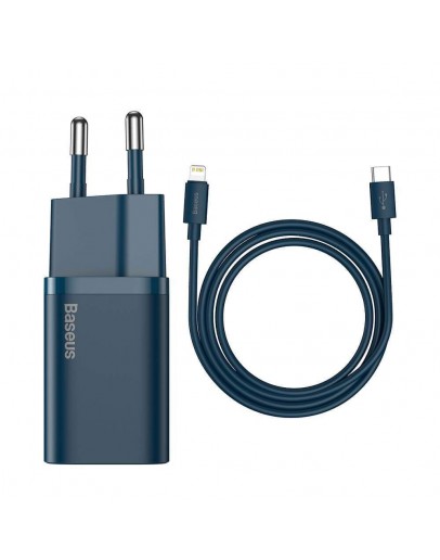 Мрежово зарядно устройство Baseus Super Si, 20W, С Кабел Type-C към Lightning, Син - 40416