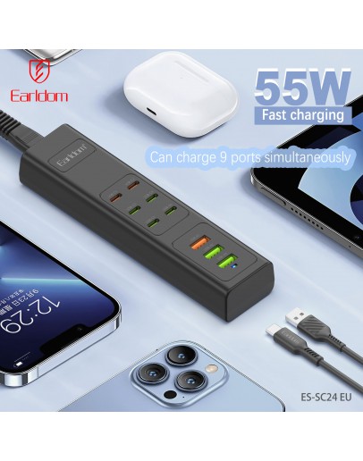 Удължител Earldom ES-SC24, 6 х USB-C, 3 x USB F, 1м., Черен - 40520
