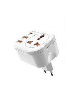 Универсален преходник - зарядно Earldom ES-SC16, 2xUSB, 1xType-C, EU/US/UK/AU към EU, 220V, Бял - 40525