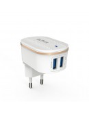 Мрежово зарядно устройство DeTech DE-15i, 5V/3.1A, 220V, 2 x USB, С Lightning кабел, 1.0m, Бял - 40097