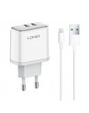 Мрежово зарядно устройство LDNIO A2528C, 35W, 2 x Type-C F, PD, С Кабел Type-C към Lightning, Бял - 40283