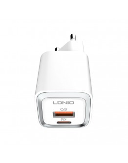 Мрежово зарядно устройство LDNIO A2318C, 20W, 1 x Type-C F, 1 x USB F, PD, QC, С Кабел Type-C към Lightning, Бял - 40293