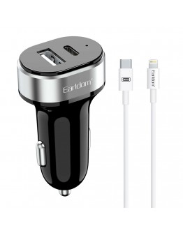 Зарядно устройство за кола Earldom ES-CC14, 1xUSB, 1xType-C, С PD Lightning кабел, Черен - 40355