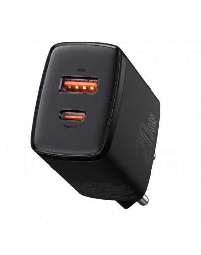 Мрежово зарядно устройство Baseus Cube Fast Charger OS, 20W, 1 x Type-C F, 1 x USB F, Черен - 40406